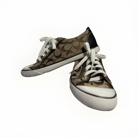 Coach Barrett Women’s Sneaker 7.5 Brown Tan Signature Canvas Logo Casual Low Top - Picture 1 of 14